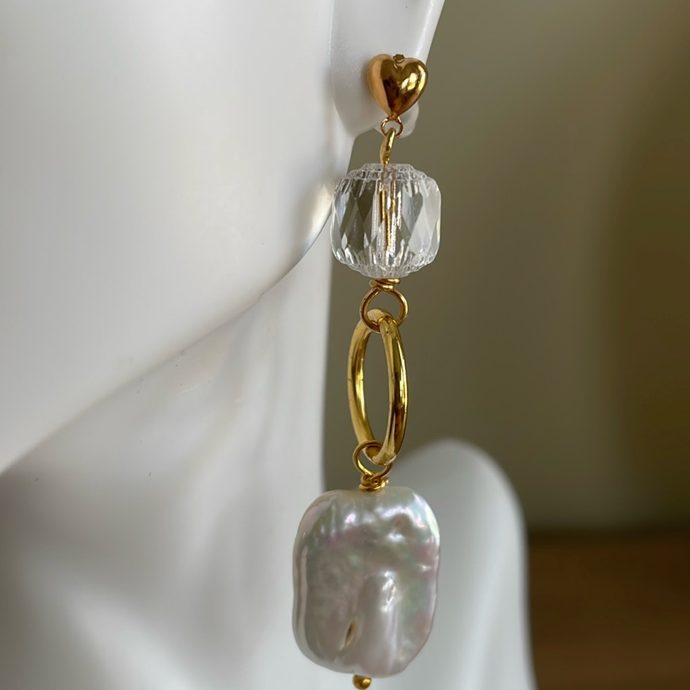 HAND CRAFTED BAROQUE PEARL EARRINGS White Freshwater Pearls Cathedral  Beads